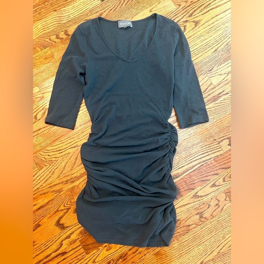 Michael Stars Ruched Midi Dress Gray V-Neck 3/4 Sleeve